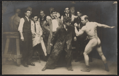 Art students posing with an artists&rsquo; model circa 1912Photo is a post card print. Archives of A