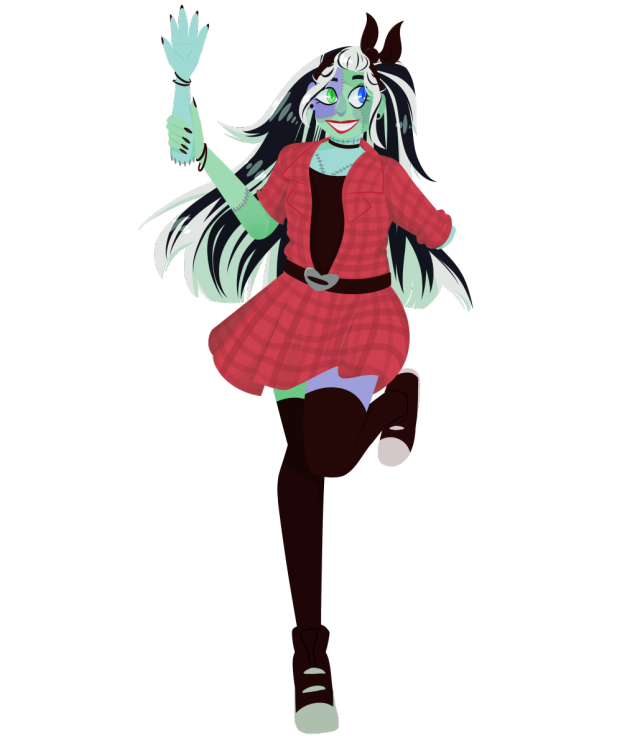 a lineless digital drawing of Frankie Stein, looking excited and waving her dismembered right arm. she is wearing a red plaid dress with a black shirt underneath, long socks, and sneakers