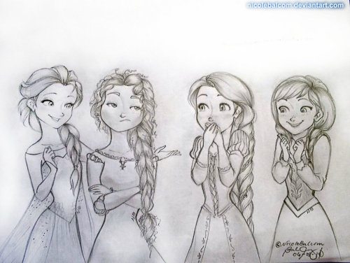 frozenloki:  My Rapunzel, Merida, Anna, and Elsa Sketchies :3  just thought maybe I could post it here :3 http://nicolebalcom.deviantart.com/ 