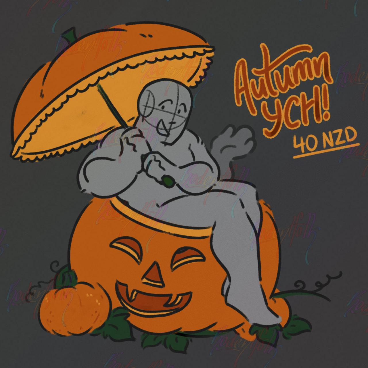 It is an illustration of a 'Your Character Here' type commission. The character is sat inside of a carved pumpkin, with both hands on an umbrella. A faded out left-arm shows a second pose option, with the arm stretched out like it is checking for rain. The pumpkin is surrounded by vines and smaller pumpkins. Next to the character text that says