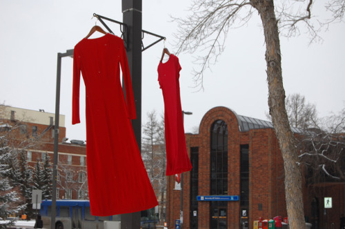 alii-with-an-i:These dresses were among the other 100 hung around the University of Alberta campus in Edmonton and along Saskatchewan Drive as part of the REDress Project. The project, created by Jaime Black, a Métis artist from Winnipeg, is meant to