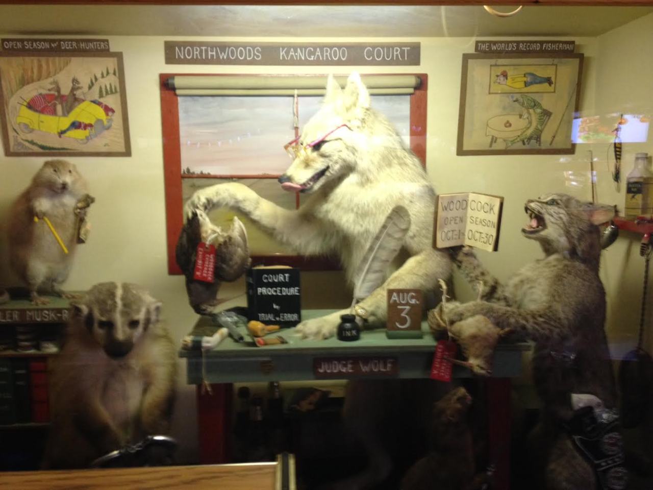 Kangaroo Court, featuring (from left to right) the plaintiff “Squealer Muskrat,” defendant “Sulky Badger,” “Judge Wolf” and I believe that the lynx is a prosecutor presenting evidence.
One of the most fabulous tableaus I’ve ever seen.
Submitted by...