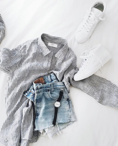 classy-lovely:  Striped Blouse»  Denim Shorts»   