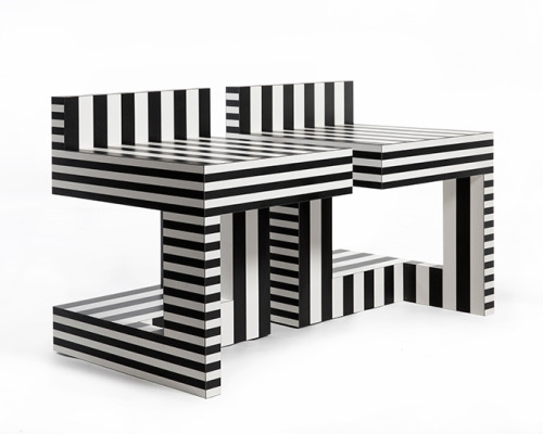 Kelly Behun, Chair, Bench &amp; Side Pair from Neo Laminati Collection, 2014. Memphis inspired. Via 