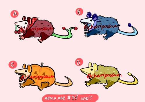  Opossum adopts (fruit themed) are up for sale!A) Cherry OpossumB) Blueberry OpossumC) Pumpkin Oposs