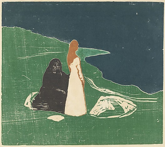 solarsisterss:  Two women on the shore (woodcut, 1898) Edvard Munch 