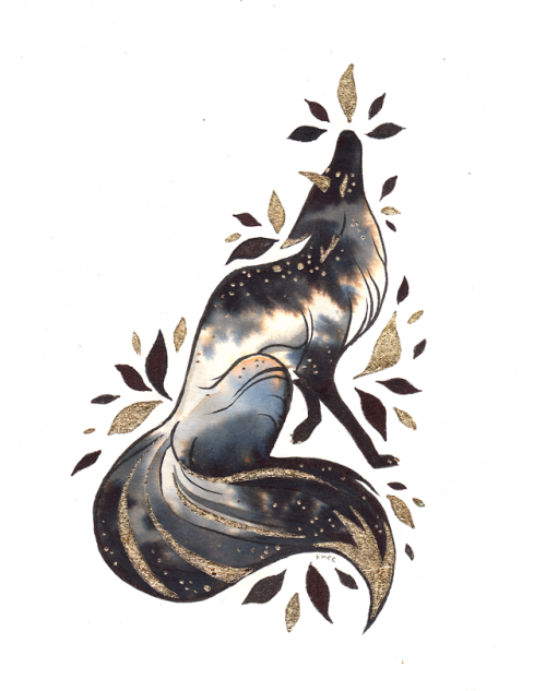 kamccafferty:Wee fox for today’s Junicorn.ink & gold leaf on hot press, 5x7″Will be available fo