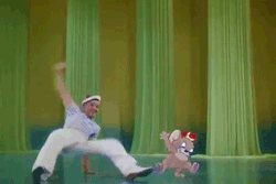 twostriptechnicolor:  Loops from Gene Kelly’s dance with Jerry Mouse in Anchors Aweigh. (1945) To make the scene, Gene’s dance was rotoscoped (ie. traced frame by frame), and then Jerry was animated around it at a full 24 frames per second (or “on