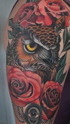 Owl And Roses Tattoo