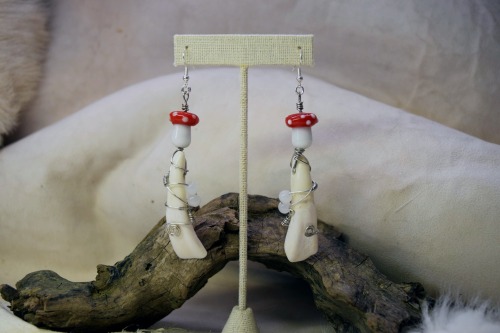 Buffalo tooth & Mushroom earring set, now available on Etsy. 