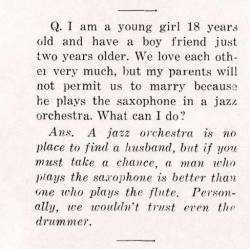 fckng-jazz-it-up-blog:  I can’t take it… Way to funny. :D All the dangerous jazz musicans.   Question from a 1933 magazine.   