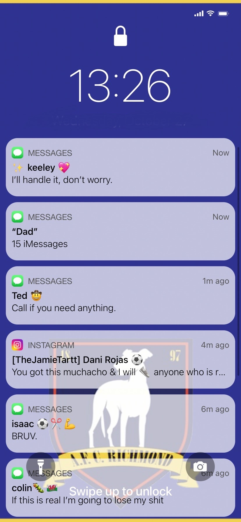 Screenshot of an iPhone lockscreen at 13:26 with a Richmond AFC background. Message from Keeley (sparkle emoji, sparkling heart emoji): I'll handle it, don't worry. Messages from "Dad": 15 iMessages. Message from Ted (cowboy emoji), one minute ago: Call if you need anything. Instagram DM to [TheJamieTartt] from Dani Rojas (football emoji), four minutes ago: You got this muchacho & I will (trainer emoji) anyone who is r (text is cut off). Message from isaac (football emoji, scissor emoji, flexing emoji), 6 minutes ago: BRUV.