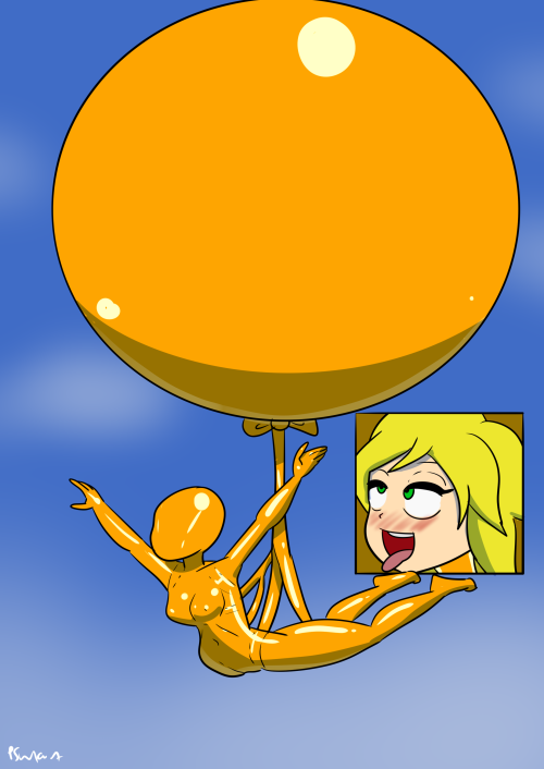 Polly is doing her flight experiment. She suits up her latex balloon suit with the nondetachable har