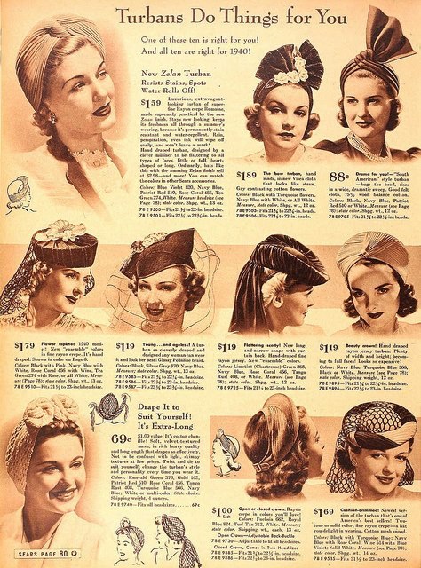 1940s advertisement for turbans and hats.