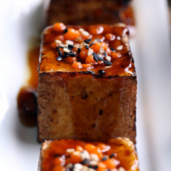 veganfeast:  Glazed Tofu with Sriracha Pearls