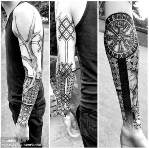 By Lahhel, done in Barcelona. http://ttoo.co/p/24488 abstract;big;blackwork;dotwork;facebook;lahhel;nordic;sacred geometry;sleeve;twitter