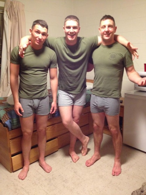 three army cadets hanging out in their underwear