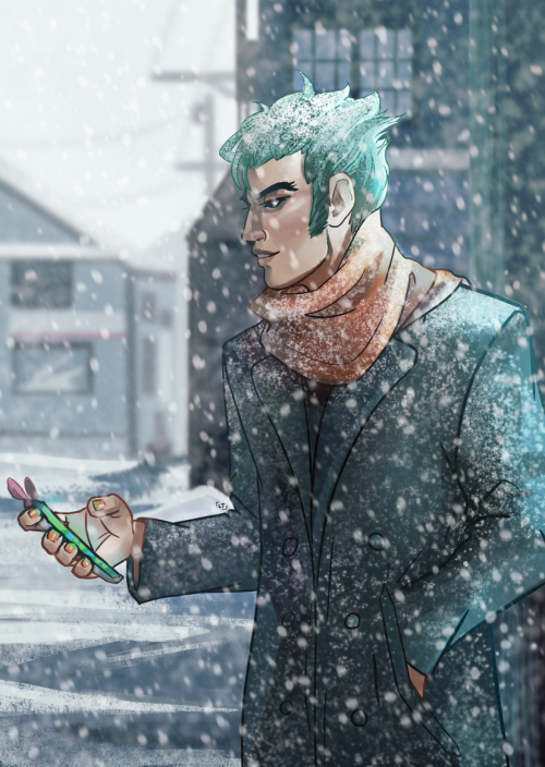 lolipoptiger:Young genji for a christmas present!! (Hes got a rabbit ear phone case and is waiting for someone to pick him up!)
