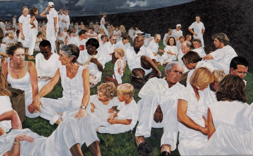 Deborah Poynton (South African, born 1970), The Waiting Room, 2003 (left panel, right panel, center detail, overall). Oil on canvas, 95 x 300 cm