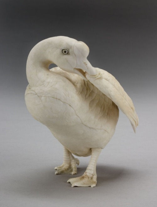 virtual-artifacts: Okimono Goose, standing with neck turned preening its right wing, with inset moth