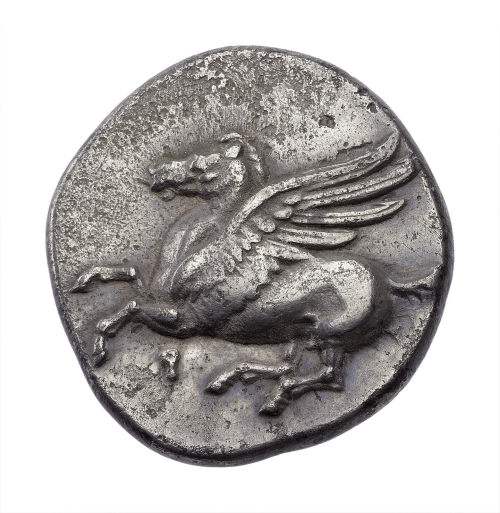 Silver drachm of Corinth with Pegasus (obverse) and head of Aphrodite wearing kerchief (reverse)Gree