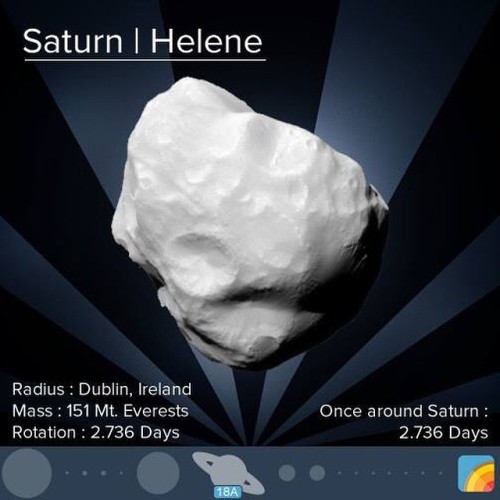 Helene is a much smaller, oblong, co-orbital (or trojan) moon of Dione. It is 60 degrees ahead of Di
