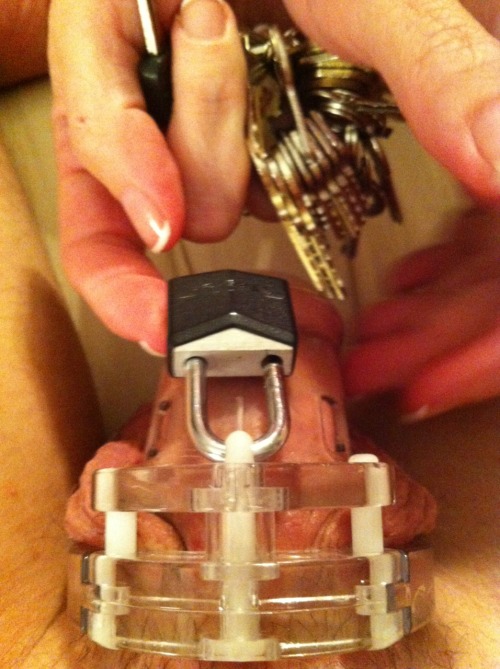 chastitydesires:  mrssbbcqueenuk:  cuckoldsinchastity:     2min wank then lock up!  that could be quite a key hunt if got his hands on them alone. 