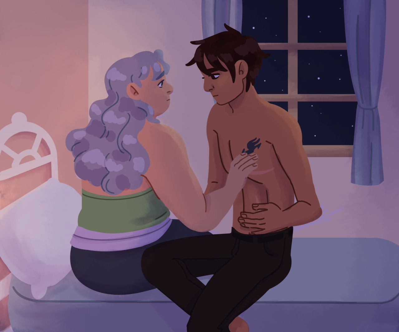 [ID: A fullcolor, partially lineless digital illustration of Gray and Juvia from Fairy Tail. They sit together in a softly illuminated room at night, meeting eachother’s eyes. Juvia has a hand resting over a top surgery scar on Gray’s chest, and Gray’s hand rests over another scar on his abdomen. End ID.]My art for @ftguildevents​ reverse bang! It is paired with a wonderful story by @thewritingstar​ which can be found on her tumblr here x!Initial sketch and scrapped version under the cut![ID: Two variations of the same image featured above. One is a sketch, and one is uncolored lineart. End ID.] #ftreversebang2022#fairy tail#gruvia#juvia lockser#juvia loxar#gray fullbuster #im obsessed with how she wrote them  #im so particular about my middle school blorbos and she absolutely knocked it out of the park!!!