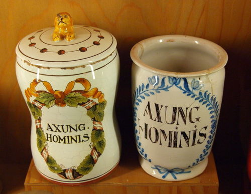 tanacetum-vulgare:titusnowl:17th or 18th-century apothecary jars labelled Axung. hominis - human fat