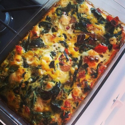 One of my favorite easy dinners: Crustless veggie quiche. Sauté a bunch of vegetables and put in the