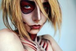stoned-levi:  jaegerlicioustwilightprincess:  paul4allseasons:  Female Titan Makeup by Florea Flavia  This is the best female titan cosplay I’ve ever seen.  HOW DO THESE KEEP GETTING BETTER   unf
