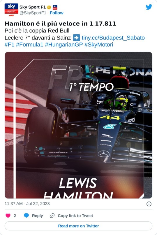 𝗛𝗮𝗺𝗶𝗹𝘁𝗼𝗻 𝗲̀ 𝗶𝗹 𝗽𝗶𝘂̀ 𝘃𝗲𝗹𝗼𝗰𝗲 𝗶𝗻 𝟭:𝟭𝟳.𝟴𝟭𝟭  Poi c'è la coppia Red Bull Leclerc 7° davanti a Sainz ➡ https://t.co/IEwBBaggqT#F1 #Formula1 #HungarianGP #SkyMotori pic.twitter.com/QmGfJ9AO4V  — Sky Sport F1 (@SkySportF1) July 22, 2023