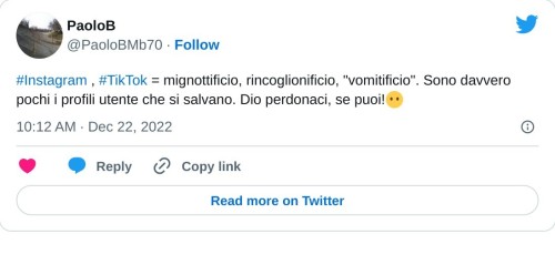 #Instagram , #TikTok = mignottificio, rincoglionificio, "vomitificio". Sono davvero pochi i profili utente che si salvano. Dio perdonaci, se puoi!😶  — PaoloB (@PaoloBMb70) December 22, 2022