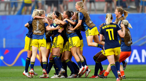 Players of Sweden celebrate after the match vs. Germany