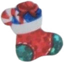 sticker of a red and green stocking with a present and candy cane sticking out of the top.