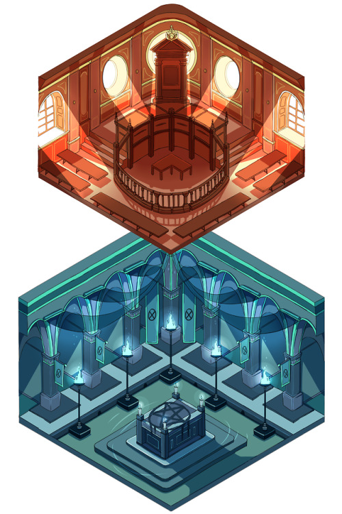 Two coloured background pieces I did for the ps4 game pitch, a courtroom and a cult liar (with some 