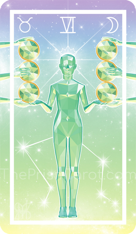 Six of Pentacles. Art by Liz Landis, from The Prism Tarot. A balance of give and takeThrough the exp