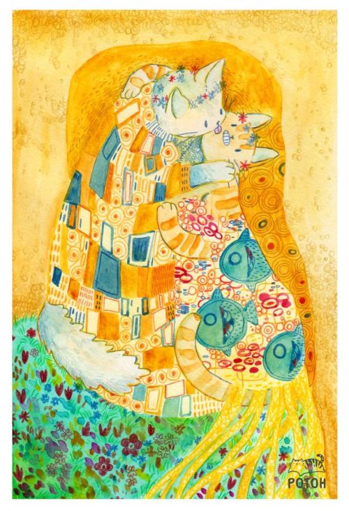 potoh:Weekend snippet assignment: based on Gustav Klimt’s “The Kiss” (but with cats).I call it “The 