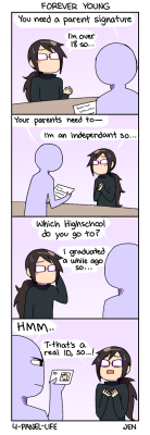 mysteriousfoxgirl:  4-panel-life:  so I’m an adult..!  I have this problem often  Same, haha. A few months ago I was at the dentist and the assistant was trying to make small talk by asking all these high school questions (when are you graduating, where