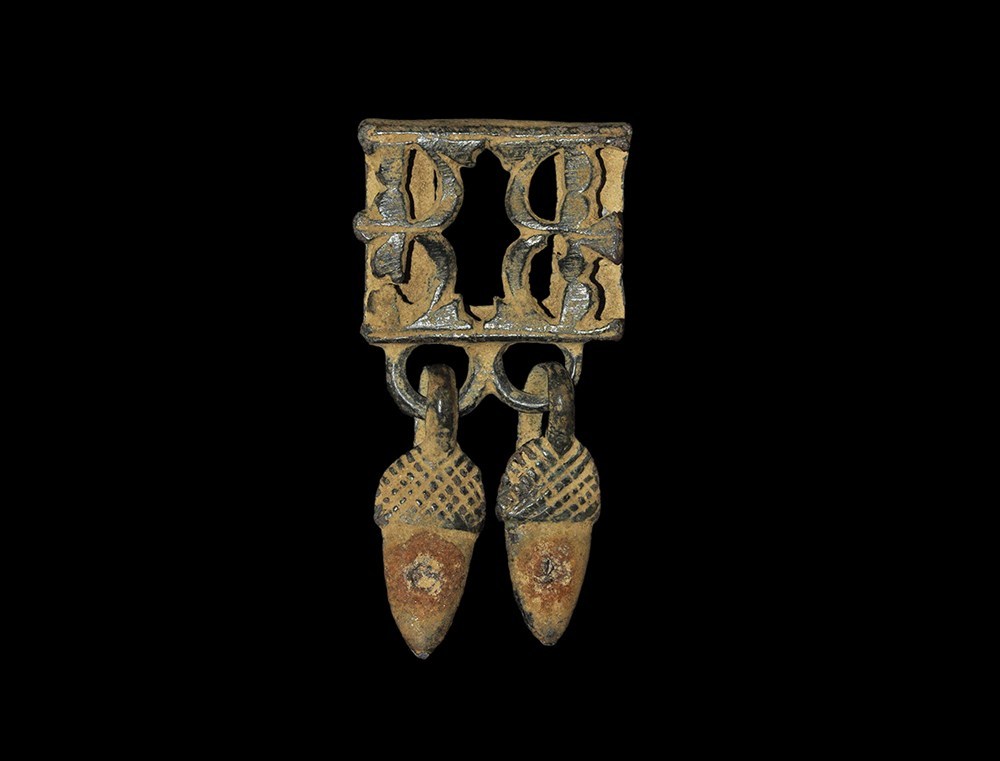 Medieval Bronze Strap Slider with Acorn Pendants 15th century AD. A ...