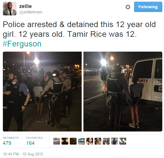 iwriteaboutfeminism:  Police in Ferguson arrest a 12-year-old girl.  Monday, august