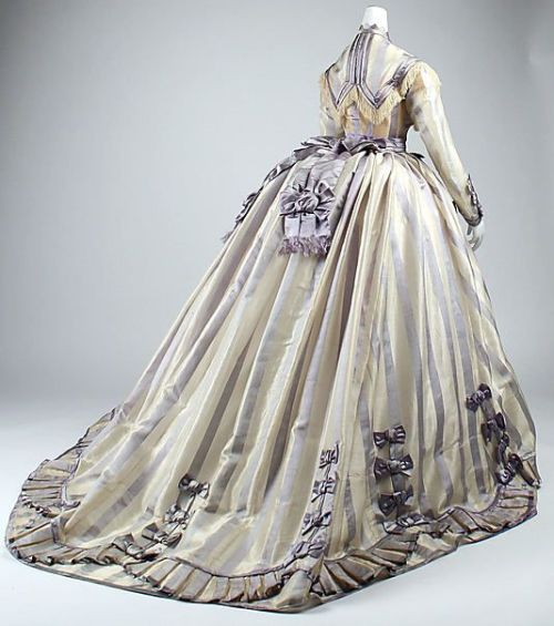 Striped lavender piña cloth and silk dress (back), by Depret, French, 1867-69.