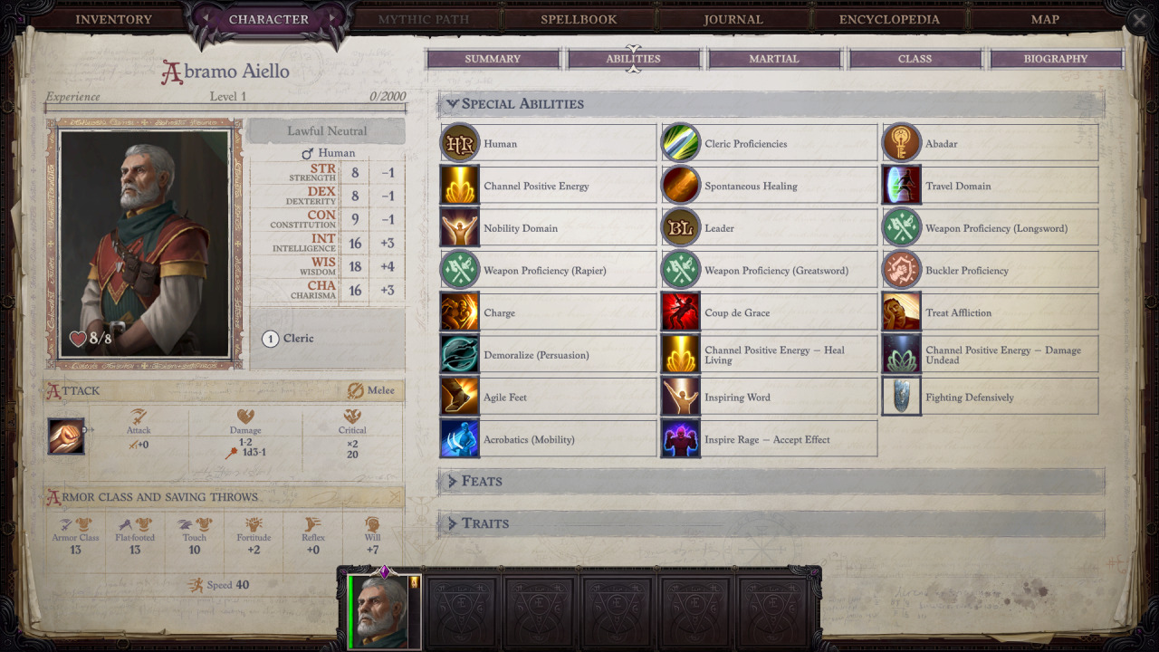 Abramo's character sheet