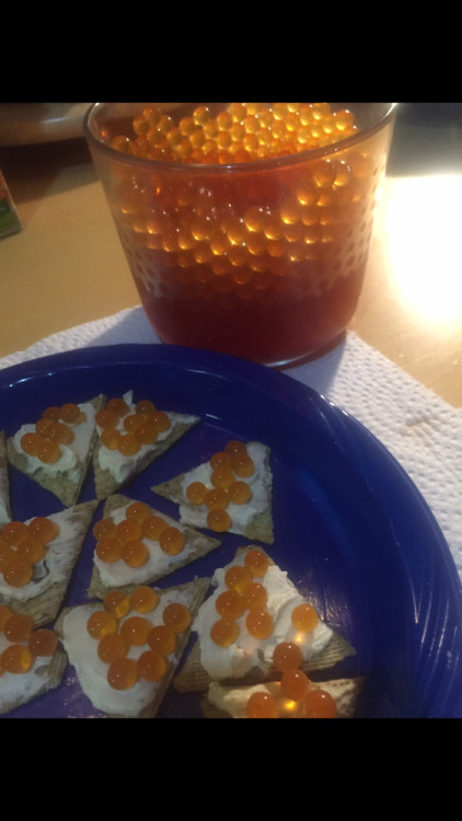 From Gastroposter Cathy Luff: Home made salmon caviar . Made by a friend Served on crackers & cr