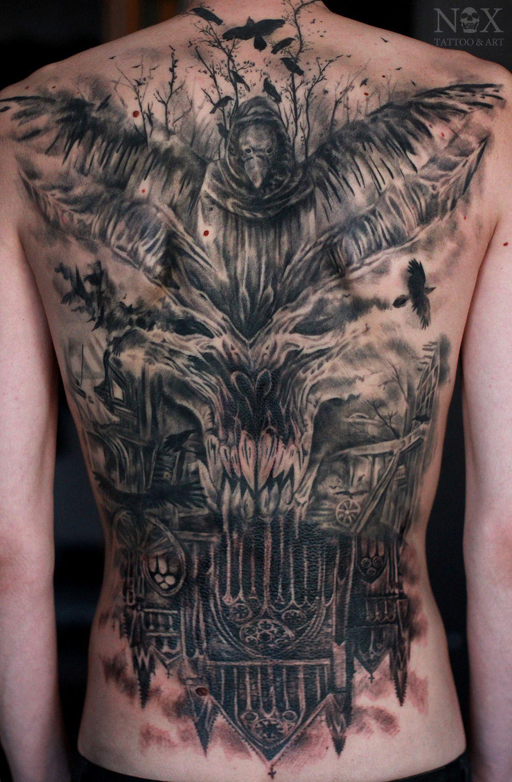 mattynox:  stages of work on a tattoo (5 sessions or 12-15 hours)