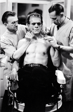  Boris Karloff gets made up by Jack Pierce and assistant for Frankenstein (1931) 