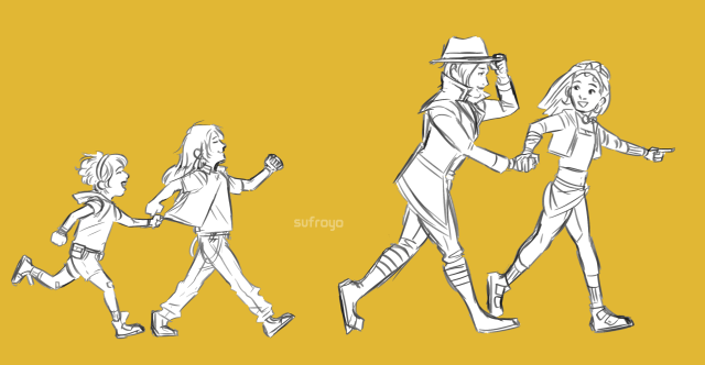 a drawing of sasha and fiona as kids vs adults. on the left is kid!sasha running after fiona, who is marching ahead. on the right is sasha leading fiona by the hand as she adjusts her hat. they are blocked in with a solid white colour on a yellow background.