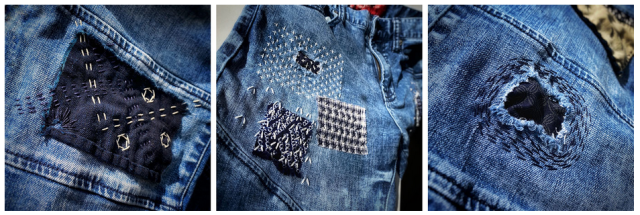 Three examples of sashiko embroidery on jeans fabric.