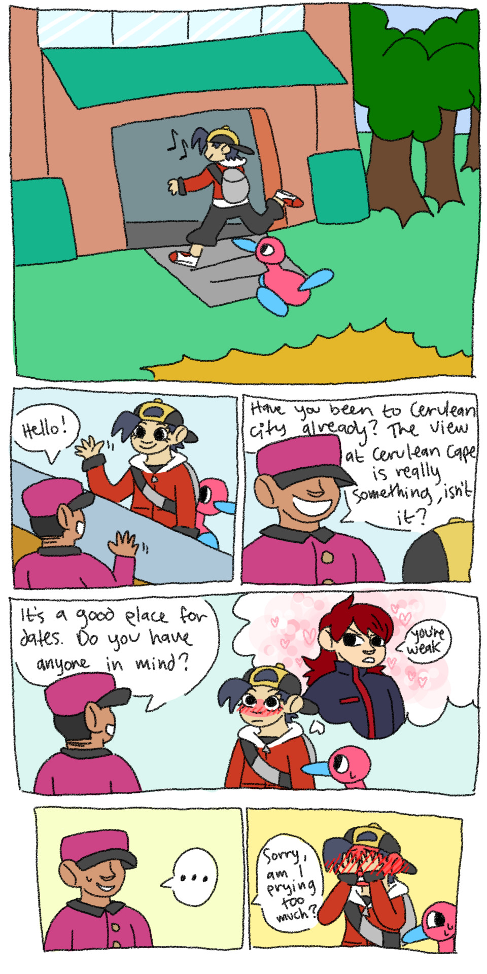he’s got a bit of a crush #pokemon#hgss#gold#trainer gold#preciousmetalshipping#my art #that gate dude really does say all of this lol  #plus a little more but it wouldnt all fit