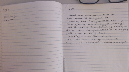 heartrate:  i found my journal2013, july;“final entry,she is home.”2014, january;"i ripped these poems out as rough as you ripped me from your life, i fucking hate how you keep the stars glowing and the oxygen flowing, i did it without even